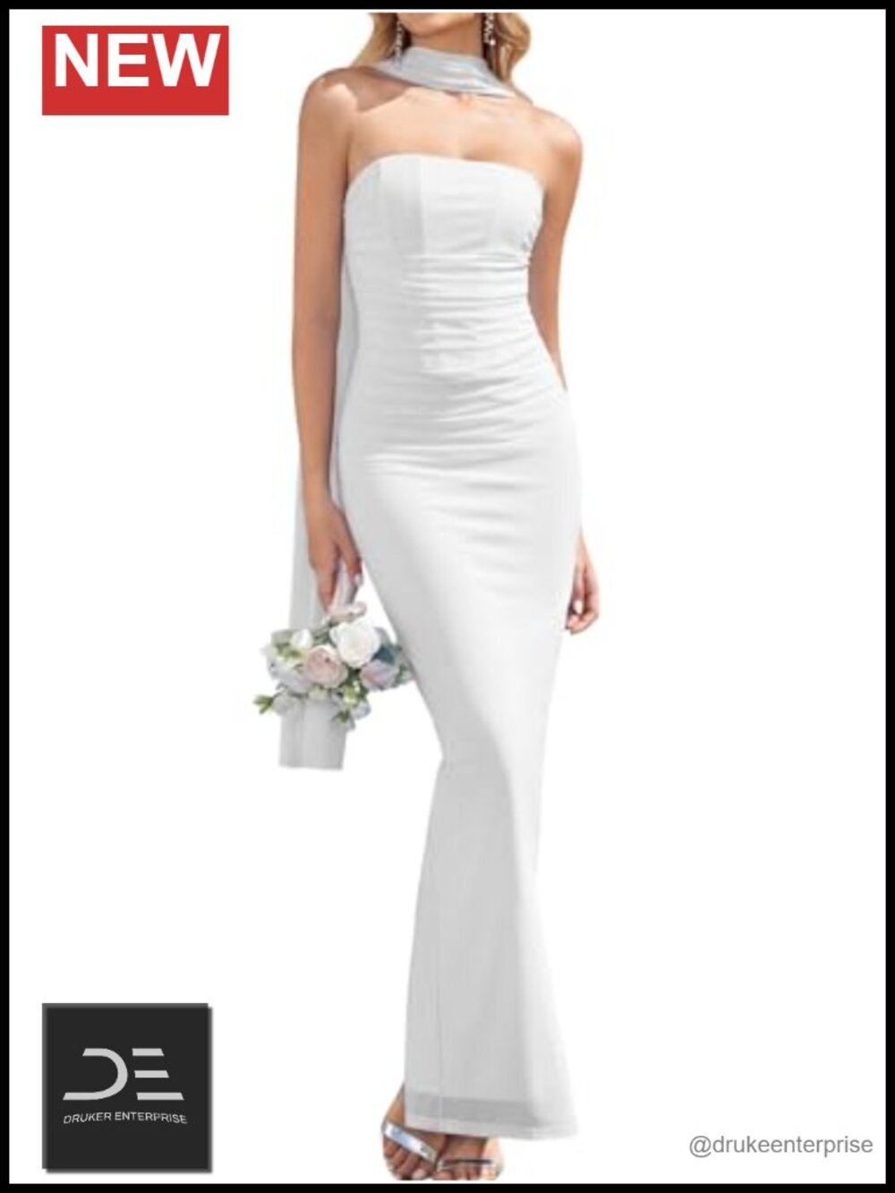Women Strapless Bodycon Maxi Dress with Scarf Ruched Formal Wedding Guest